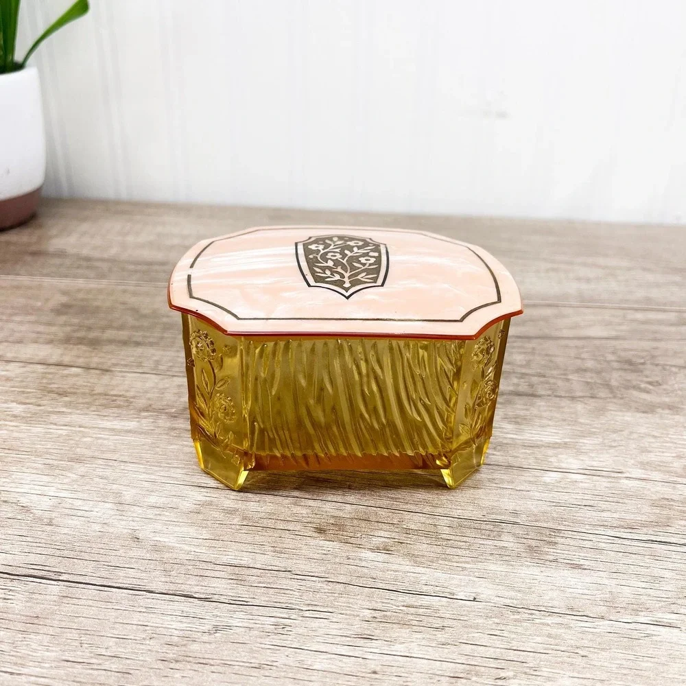 Vintage Vanity Glass Powder Jar, Pink Container, Trinket Dish